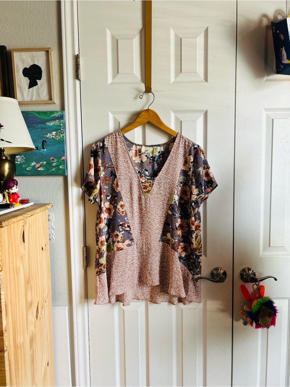 Anthropologie / En Elle mauve & pink floral short sleeve patchwork blouse